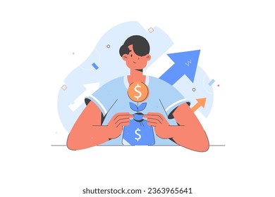 Finance increasing concept illustration. Management. Character managing investments, planning invest strategy, savings and budgets. Vector 