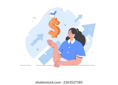 Financiar una creciente ilustración conceptual. Las mujeres son protagonistas de un árbol de dinero que aumenta las ganancias en una cuenta que invierte con éxito dinero, logrando un éxito financiero y un crecimiento del capital. Ilustración del vector