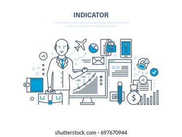 Finance indicators, characteristics, statistical data, marks of finance position, marketing research and analysis. Illustration thin line design of vector doodles, infographics elements.