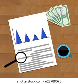Finance infochart report, vector information document on workplace, illustration of diagram economic