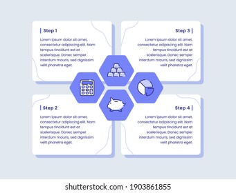 finance infographic diagram four step calculator golden pie chart piggy bank icon for banner template fyer poster presentation with outline style