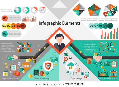 Finance infographic set with payment methods data storage paper elements vector illustration