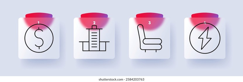 Finance and infrastructure set icon. Currency, bank building, armchair, electricity, economy, energy, banking, investment