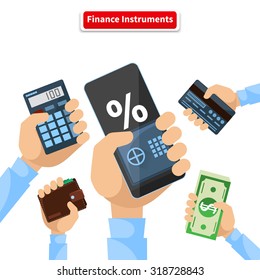 Finance instruments calculator smartphone money. Business and dollar, economic banking, investment and wealth, credit card and calculator, wallet and smartphone illustration