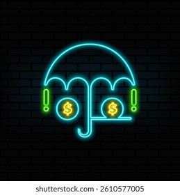 Finance insurance. Dollar sign under the umbrella. neon style. financial insurance protection investment insurance umbrella vector icon. financial insurance protection  umbrella icon.