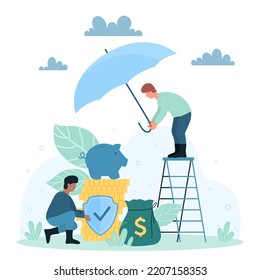 Finance insurance service, security assurance vector illustration. Cartoon tiny agents protect gold coins, money bag and piggy bank with shield and umbrella, save budget and wealth from risks