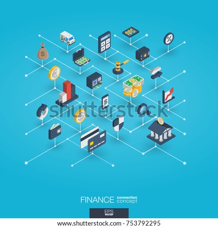 Finance integrated 3d web icons. Digital network isometric interact concept. Connected graphic design dot and line system. Abstract background for money bank, market transaction. Vector Infograph