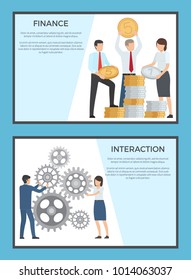 Finance and interaction collection of banners. Isolated vector illustration of employees holding large golden and silver coins and spinning cogwheel