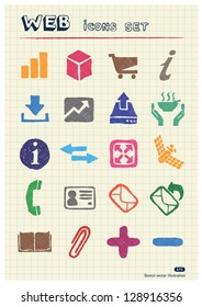 Finance and Internet icons set drawn by color pencils. Hand drawn vector elements pack isolated on paper