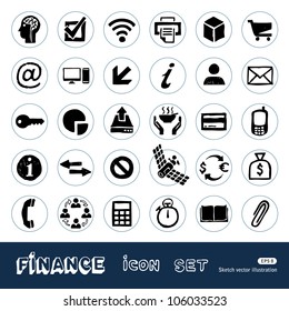 Finance and Internet icons set. Hand drawn sketch illustration isolated on white background