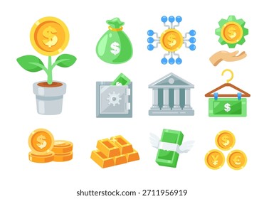 Colección de conjunto de iconos de Vectores planos de finanzas, inversiones y bancos, ideal para su uso en presentaciones comerciales, informes financieros, App bancarios, Sitios web económicos y proyectos de medios digitales.