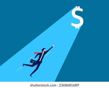 Finance and investment. Businessman heading towards the money beam 