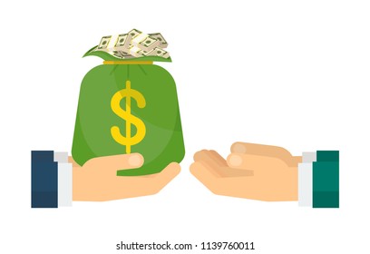 Finance and investment. Businessman offers a bag of money, funds for business development. Flat vector cartoon illustration. Objects isolated ongreen background.