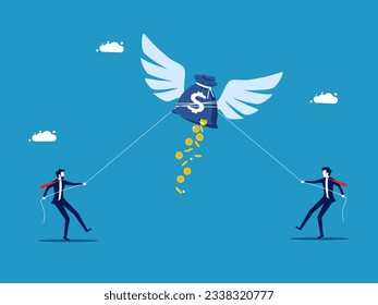 Finance and investment. Businessmen competing in pulling money bags