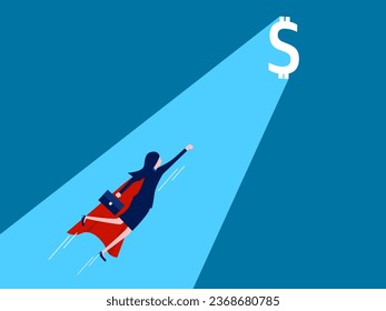 Finance and investment. Businesswoman hero towards shining money gate