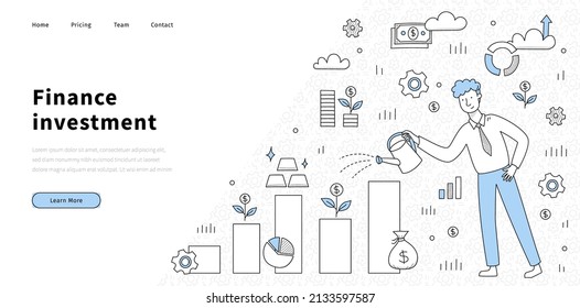 Finance investment doodle landing page, money grow concept with investor water chart with money tree seedling, gold bars and sack with dollars, Wealth rise, income growth, Line art vector web banner