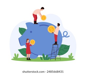 Finance investment and economy with money box, bank deposit, charity and savings. Tiny people standing on ladder to throw golden coins into piggy bank, invest gold cartoon vector illustration