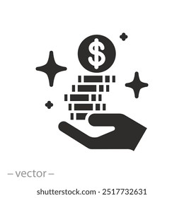 finance investment icon, coins on hand, save money concept, cash payment, gold income, save customer price, cost, flat vector illustration