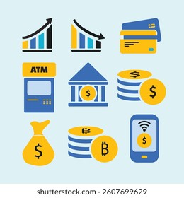 Finance and investment icon, financial graph, credit card, atm, banking, coins, money bag symbol