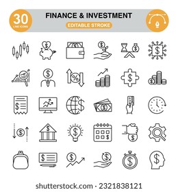 Juego De Icono De Finanzas E Inversión. Stroke editable.