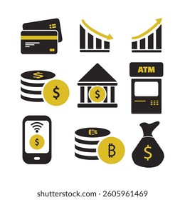 Finance and Investment Icons, Credit Card, Financial Graph, Coins, Bank, ATM, Digital Payment, Money Bag - Financial symbol flat style