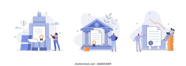 Finance and investment illustration set. Business characters purchasing bonds or stock on capital market. Financial and stock trading concept. Vector illustration.