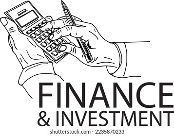 FINANCE AND INVESTMENT LOGO, ACCOUNTING FIRM LOGO, HAND HOLDING CALCULATOR SKETCH DRAWING ILLUSTRATION, FINANCE AND INVESTMENT CLIPART AND SILHOUETTE