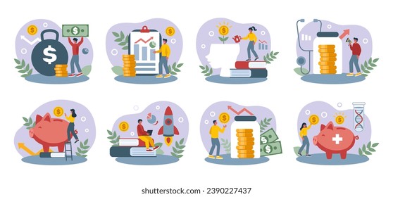 Finance investment. Money business. Investing persons and economy literacy. Successful businessman. Characters education. Profit growth. Financial management. Cash saving. Vector tidy concepts set
