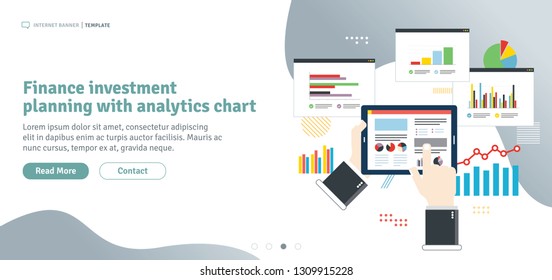 Finance investment planning with analytics chart. Chart or diagram in application for monitoring with growth report. Template in flat design for web banner or infographic in vector illustration.