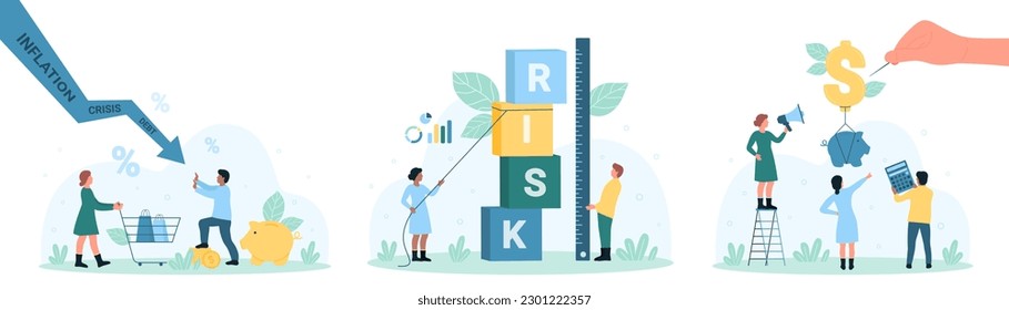 Finance, investment risks set vector illustration. Cartoon hand with needle bursts balloon with piggy bank, tiny people push cubes with word risk, holding arrow of crisis, debt in falling down