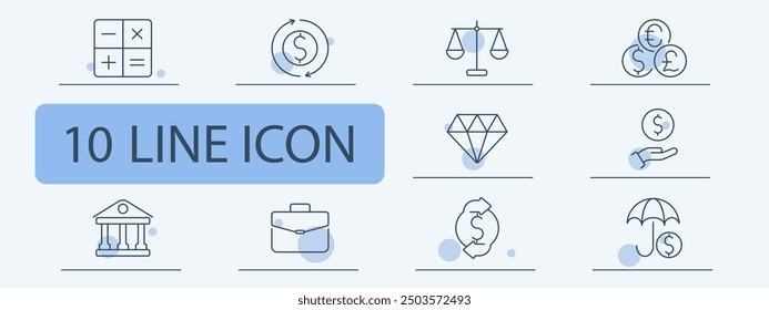 Finance and investment set icon. Wallet, gavel, currency, secure payment, graph, pie chart, savings, vector, graphic, economy.