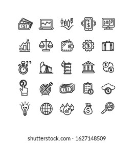 Finance Investment Sign Black Thin Line Icon Set Include of Dollar, Bank and Graph. Vector illustration of Icons