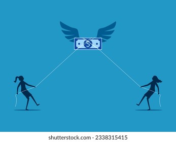 Finance and investment. Two businesswomen compete to pull banknotes. vector 