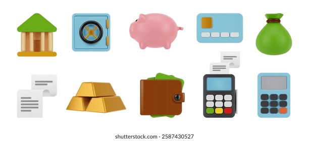 Finance or investment. Vector in 3d style, set of banking icons. Bank and piggy with coins, credit card and sack of money. Wallet with banknotes and calculator, atm and gold bars, strongbox