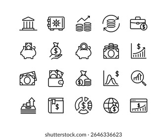 Finance Investment Vector Icon Set | Adjustable Line Weight | Money, piggy bank, savings, chart, wallet, coins, dollar, budget, growth, cash, portfolio, funds icons