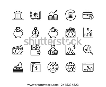 Finance Investment Vector Icon Set | Adjustable Line Weight | Money, piggy bank, savings, chart, wallet, coins, dollar, budget, growth, cash, portfolio, funds icons