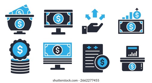 Finance investment vector icons set with money growth chart graph and business symbols