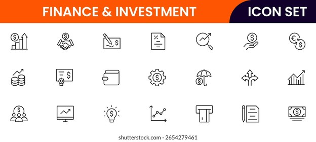 Finanças e investimento vetor web linha ícone coleção, ilustrações elegantes de orçamentos, gráficos, calculadoras, investimentos para projetos estratégicos, financeiros.