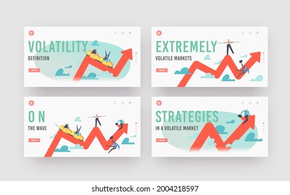 Finance Investment Volatility Landing Page Template Set. Change in Business and Crisis Stock Market, Businesspeople Characters Riding Up and Down on Roller Coaster. Cartoon People Vector Illustration