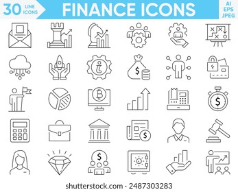 Finance, investments, financial management line icons