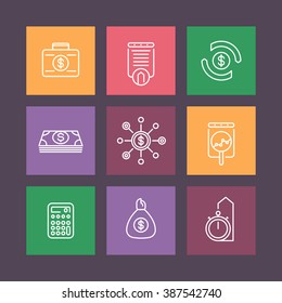 finance, investments, investment analysis line icons on squares, finance pictograms, investment symbols, vector illustration