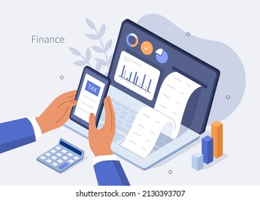 Finance isometric. Financial consultant or advisor calculating invoices and filling tax declaration for tax return. Accounting and taxation concept. Vector illustration.