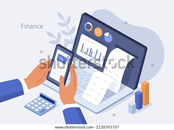 Finance isometric.\
Financial consultant or advisor calculating invoices and filling\
tax declaration for tax return. Accounting and taxation concept.\
Vector illustration.