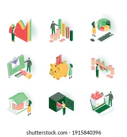 Finance isometric icons set. Money income and payment 3d isometry pictograms with people characters. Premium vector. Isolated on white background.