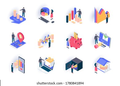 Finance Isometric Icons Set. Stock Trading, Capital Investment Flat Vector Illustration. Financial Transaction, Bank Account, Money Income And Payment 3d Isometry Pictograms With People Characters.