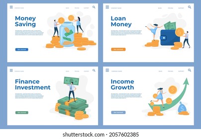 Financiar páginas de aterrizaje con caracteres fijos y dinero en efectivo. Se han establecido plantillas de sitios web de vectores de ahorro, inversión empresarial, préstamos y crecimiento de ingresos. Personas ricas que poseen billetes y monedas