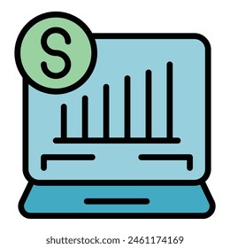 Finanzas portátil icono esquema Vector. Estrategia digital. Cambio de dinero de color plano