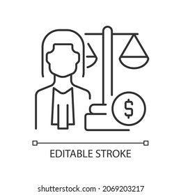 Finance Law Linear Icon. Financial Services And Banking Lawyer. Law Regulation Expert. Thin Line Customizable Illustration. Contour Symbol. Vector Isolated Outline Drawing. Editable Stroke