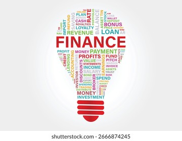 Finance Light Bulb Concept with Creative Word Cloud Vector Design

