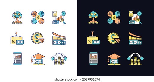 Finance light and dark theme RGB color icons set. Money investment. Business report. Project revenue. Isolated vector illustrations on white and black space. Simple filled line drawings pack